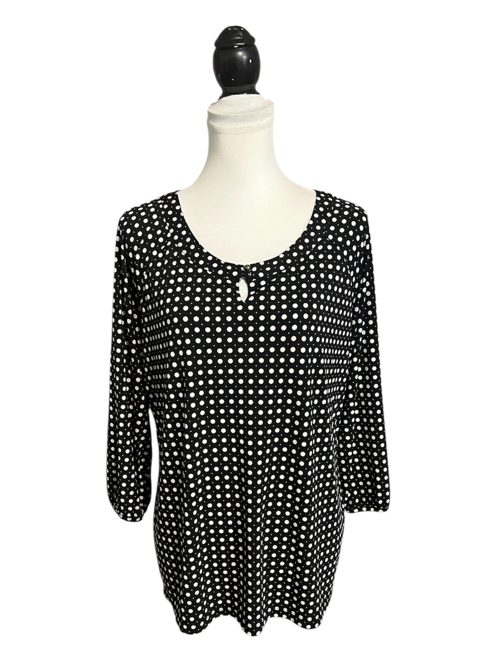 Liz Claiborne Blouse Size XL Black & White Polka Dot Keyhole Front 3/4 Sleeves
